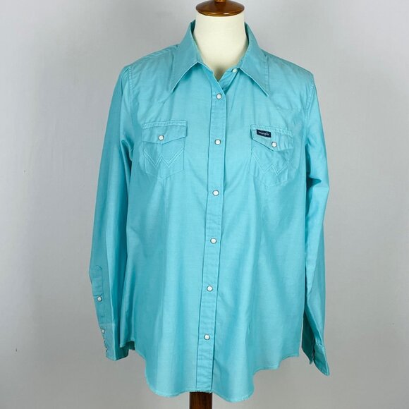 Vtg 90s Y2K Wrangler Western Yoke Collar Shirt Sz L Turquoise Pearl Snap Cowgirl - Picture 1 of 6